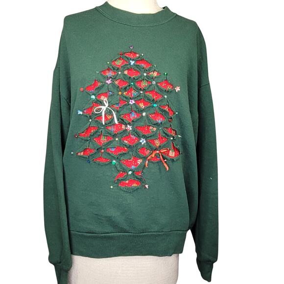 Vintage 90s Handmade Christmas Tree Sweatshirt Size Large - Picture 1 of 6